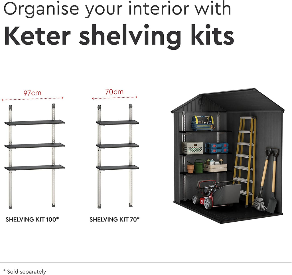 KETER Darwin 4x6 Caseta de jardín, 125.8 x 184.5 x 205 cm y 2.2 m2, Suelo, Sistema de ventilación, Puerta y Ventana, Resistente al Agua, Color Gris