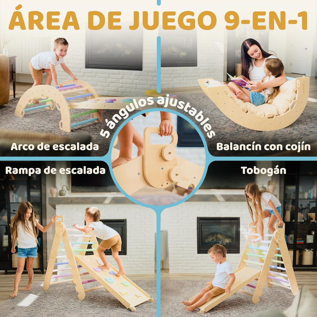 9en1 Montessori triangulo pikler Grande de 1 a 7+ años, 5 ángulos Ajustables, Parque Infantil Exterior y Interior en Madera para la Escalada con Arco pikler y rampa Pickler para niños