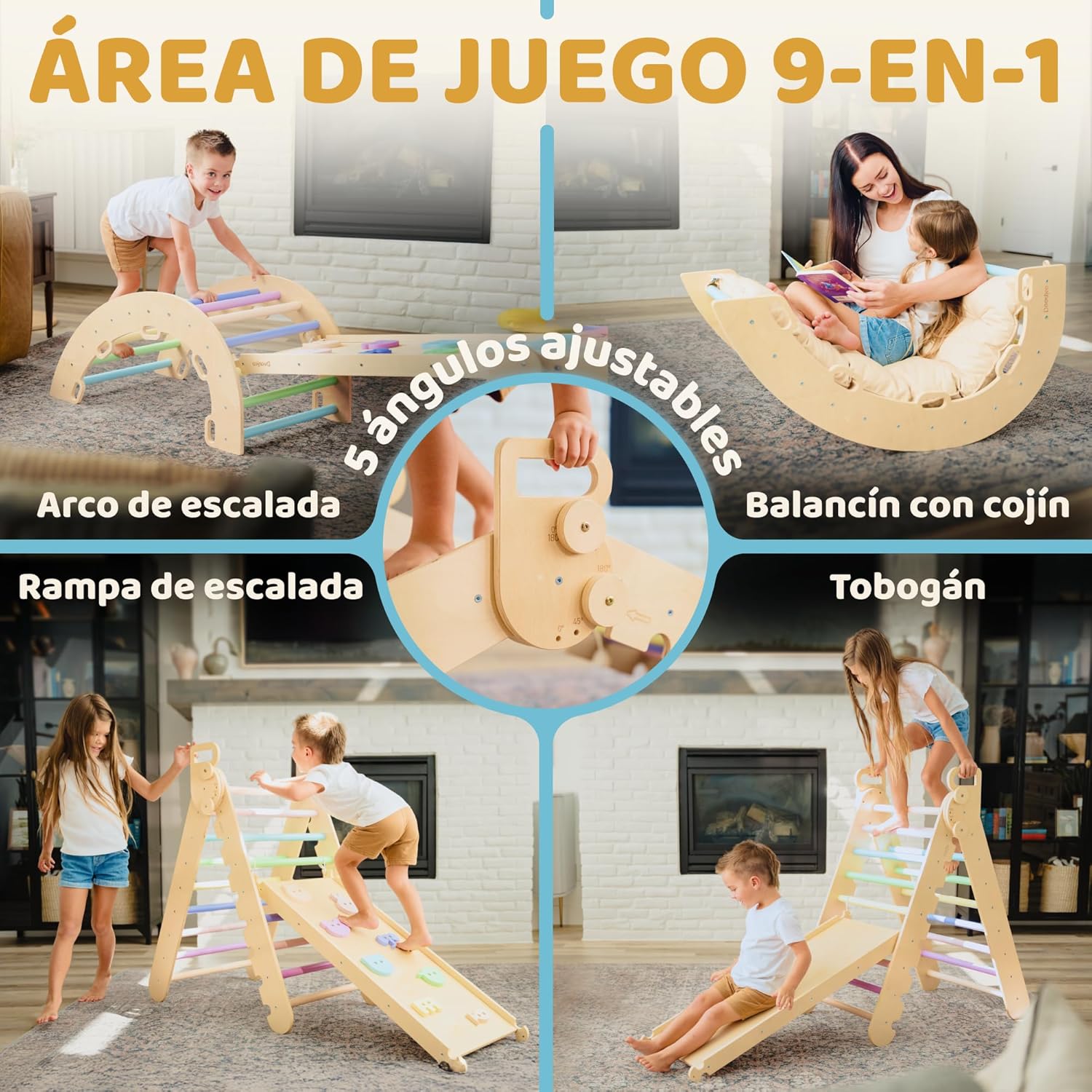 9en1 Montessori triangulo pikler Grande de 1 a 7+ años, 5 ángulos Ajustables, Parque Infantil Exterior y Interior en Madera para la Escalada con Arco pikler y rampa Pickler para niños