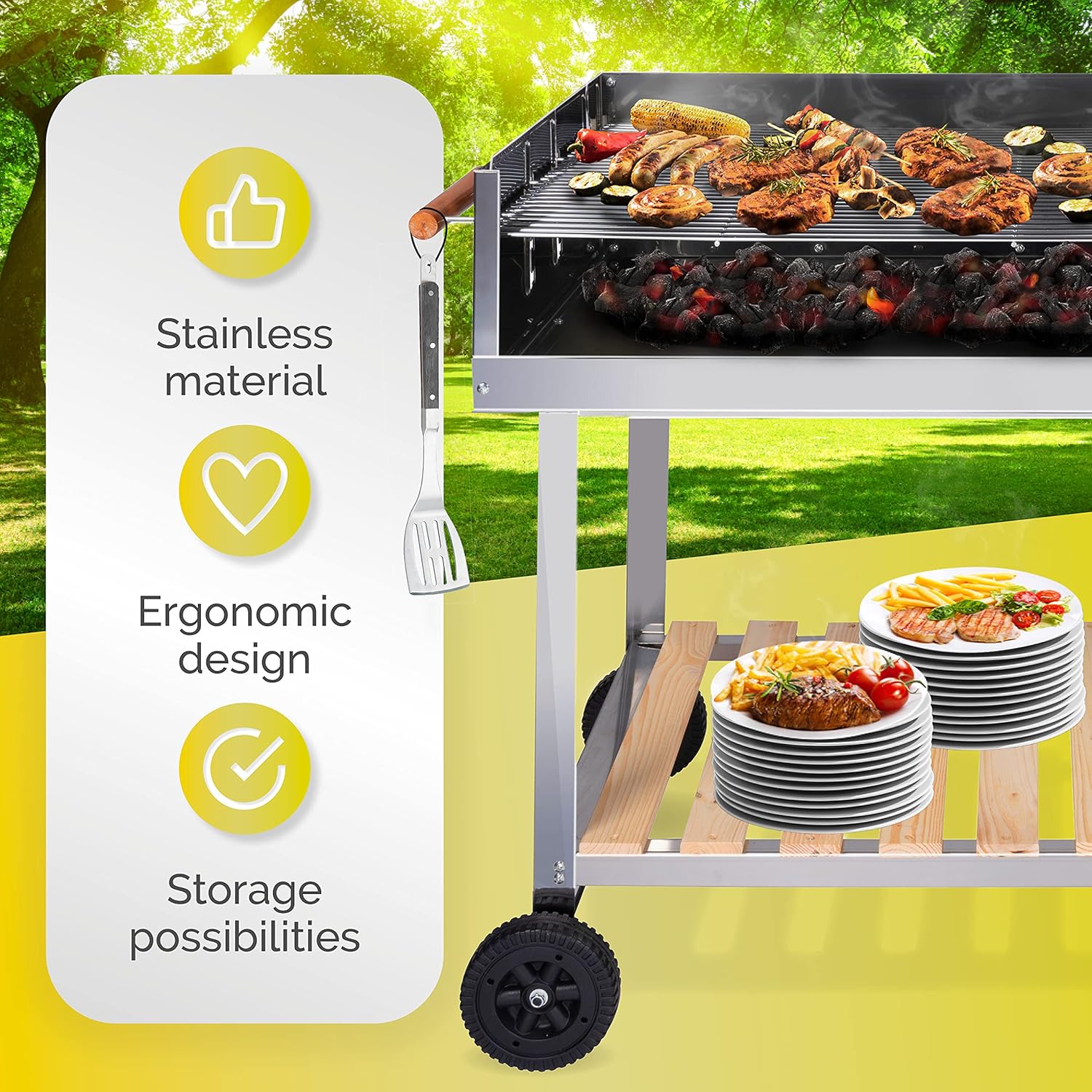 BBQ Collection Wózek grillowy na kółkach - węgiel drzewny - wózek - stal nierdzewna
