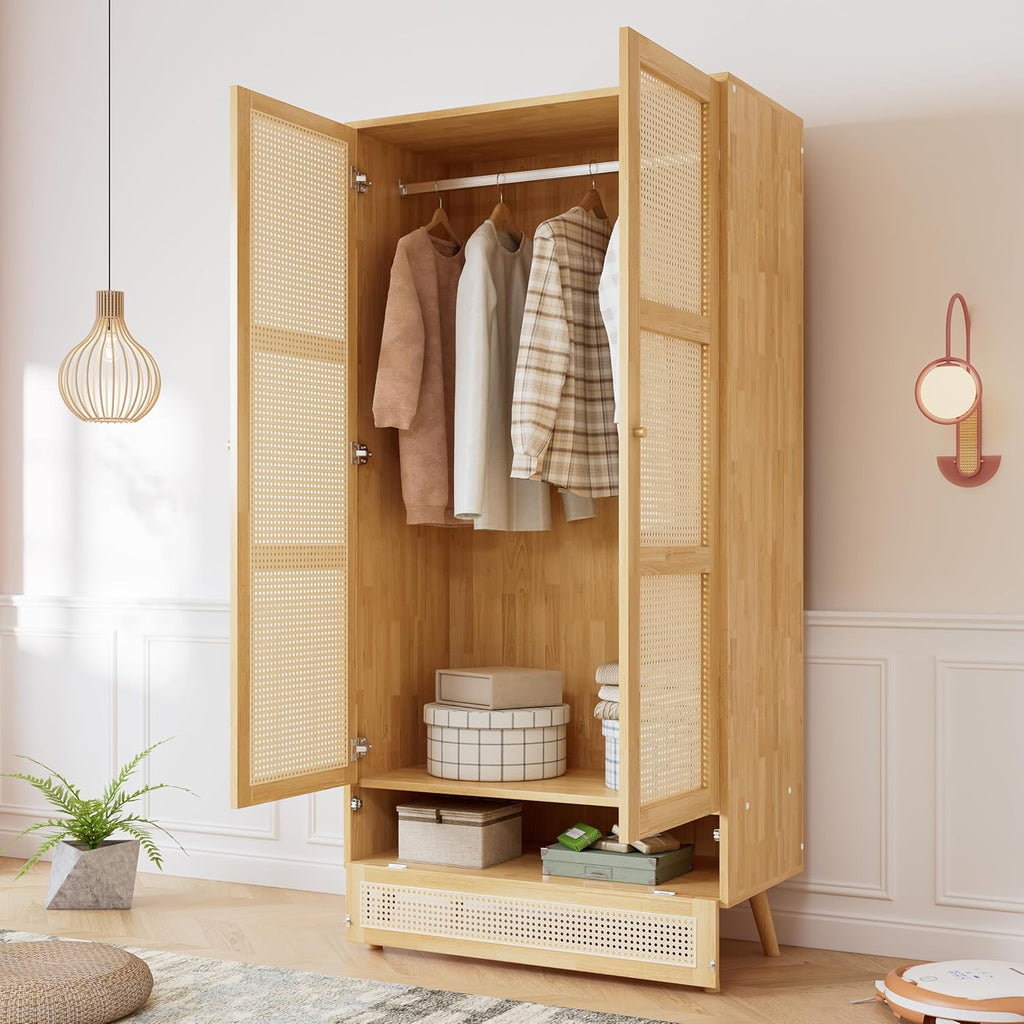 Soweiz Armario con barra, armario de 2 puertas, dormitorio, red de ratán, sala de estar, con tapa inferior abatible, tableros de partículas+ratán de polietileno, natural