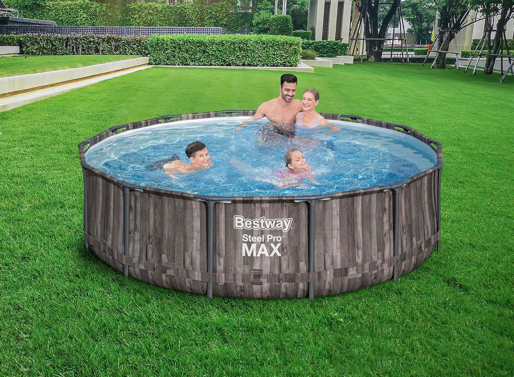 Bestway Steel Pro MAX Frame - Piscina Redonda (366 x 100 cm, Incluye Bomba de Filtro, Efecto Madera)