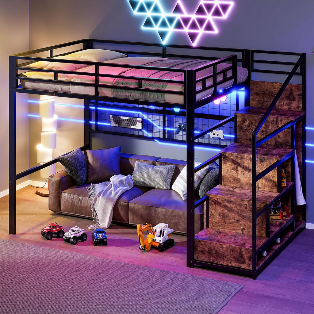 Cama alta (140 x 200 cm), marco de hierro, armario, escalera de almacenamiento, rejilla para colgar objetos, espacio libre debajo de la cama, luces LED de 7 colores, sin colchón, color negro