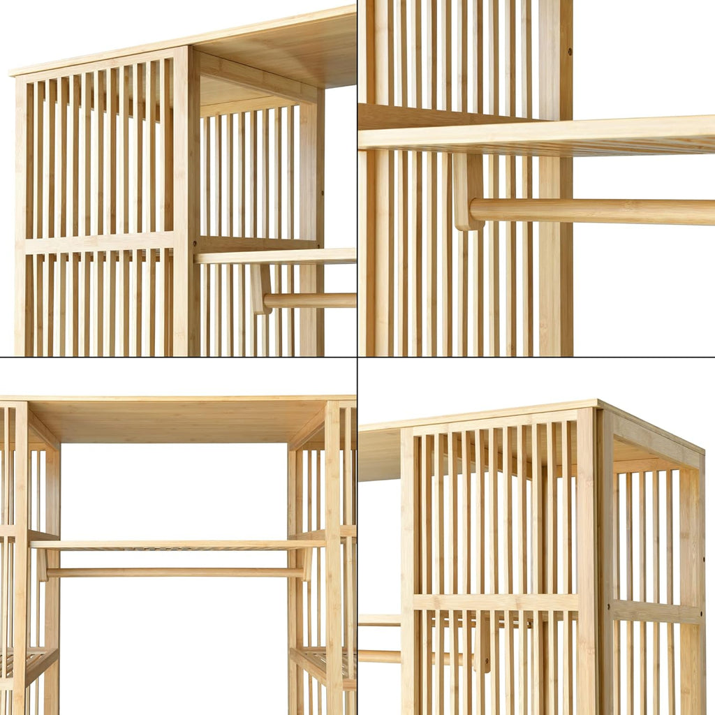 [en.casa] Armario para Ropa con 2 Puertas Deslizantes Clóset con 12 Estantes y 1 Barra de Colgar Perchero de Bambú 185 x 140 x 45 cm Natural