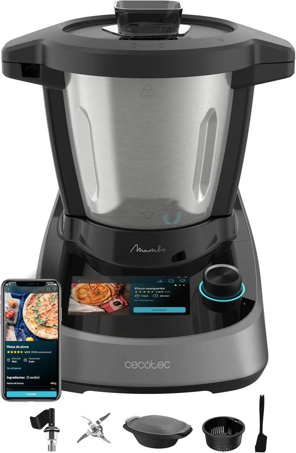Cecotec Robot de Cocina Multifunción Mambo 11090, 1600 W, 37 Funciones, APP, Báscula y Jarra de 3,3 Litros de Acero inoxidable apta para Lavavajillas, Recetario y Accesorios