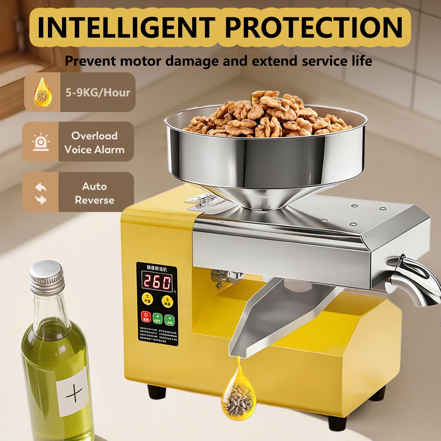 Prensa de Aceite Eléctrica Automática 1500W | Extractor de Aceite de Acero Inoxidable a Frío y Calor | Para Huesos de aceituna,Nueces,Sésamo,Coco,Soja,Almendra|Control de Temperatura Inteligente