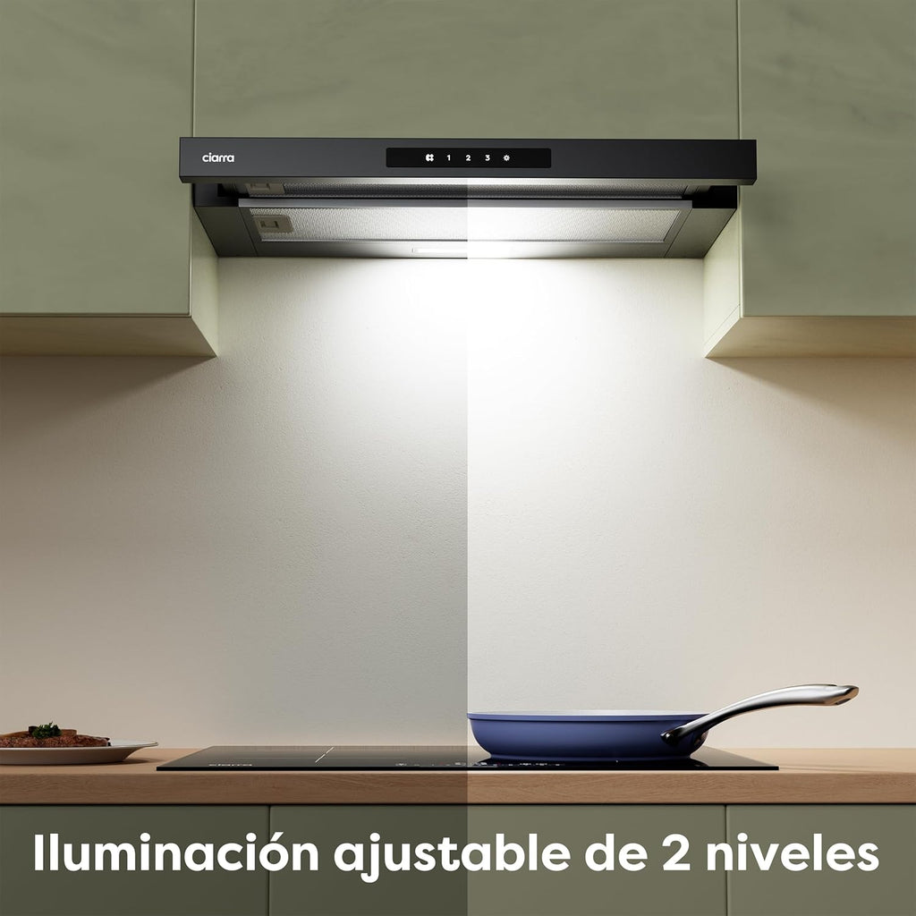 CIARRA CBCB6909A Campana Extractora Telescópica Negra Cocina 60 cm 600 m³ / h Clase A+ 3 Niveles Control Táctil Iluminación LED Filtro de Carbón CBCF055