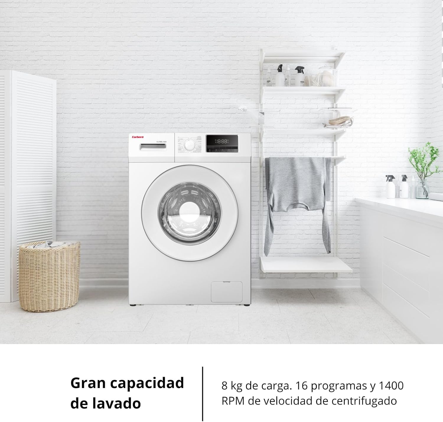 Corberó - Lavadora Carga Frontal Premium 8kg | CLT8BL1424 | 1400 Rpm | Motor Inverter, 16 Programas, Inicio diferido 3-24 Horas, Lavado Rápido de 15-30 Min., Puerta XXL | Blanco