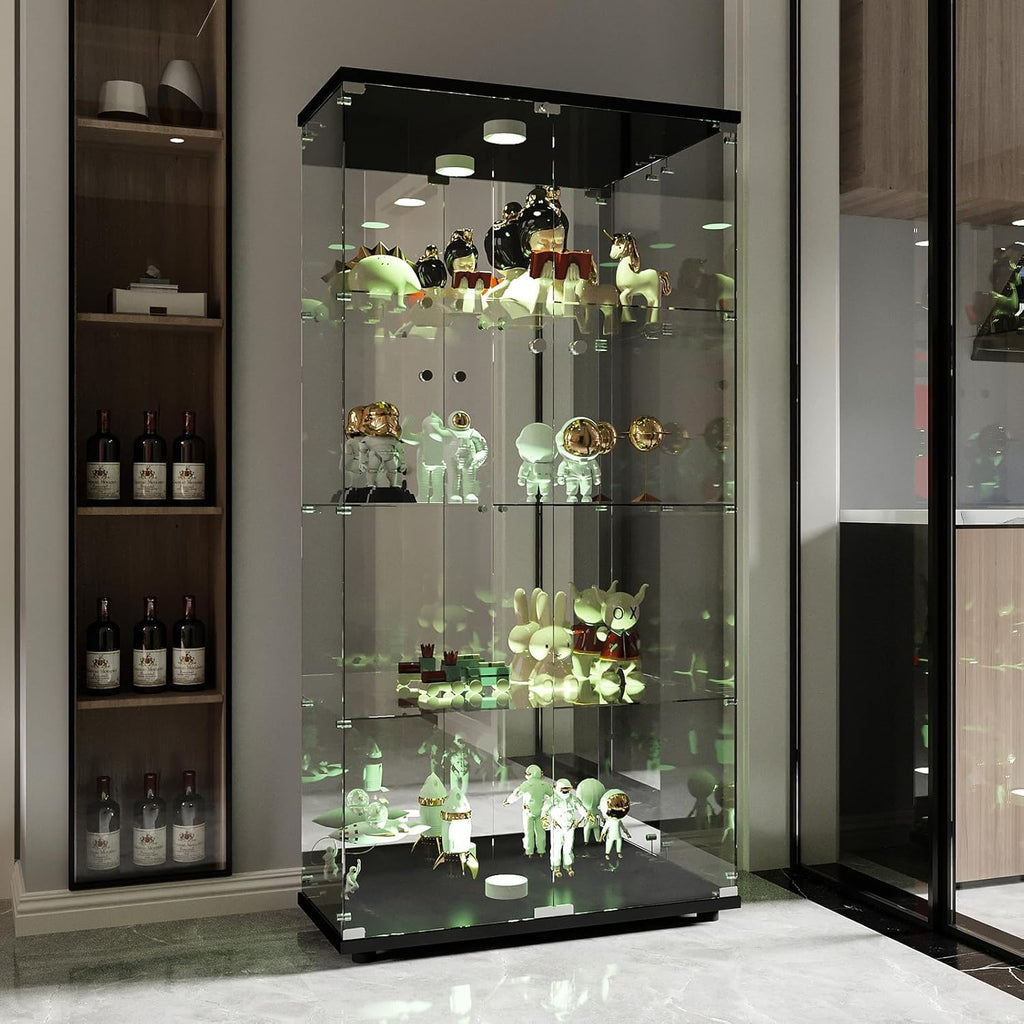 Vitrina Cristal Expositora con Luz, Puerta Cerradura, 4 estantes - Grande Vitrina de Colecciones,Vitrina de pie para Sala Oficina(Espalda Espejo)