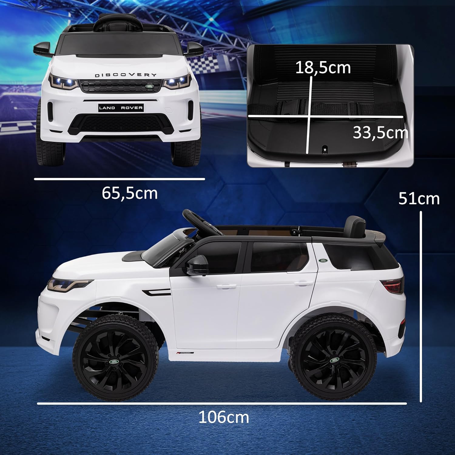 AIYAPLAY Coche Eléctrico para Niños de +3 Años con Licencia Land Rover Discovery Sport Carro Eléctrico Infantil con Batería 12V Mando a Distancia Arranque Lento Faros Bocina y Música Blanco