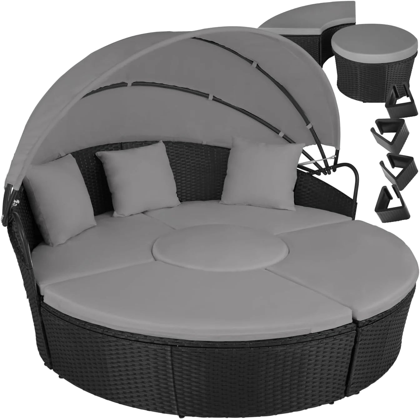 tectake Rattan Island with Cushions, Garden Set with Folding Sliding Awning, Outdoor Garden Furniture with Steel Frame and UV Resistant, Combinable Terrace Set – Beige