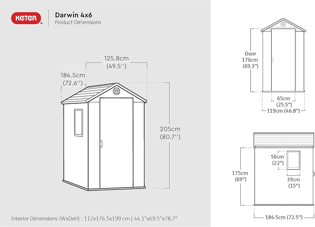 KETER Darwin 4x6 Caseta de jardín, 125.8 x 184.5 x 205 cm y 2.2 m2, Suelo, Sistema de ventilación, Puerta y Ventana, Resistente al Agua, Color Gris