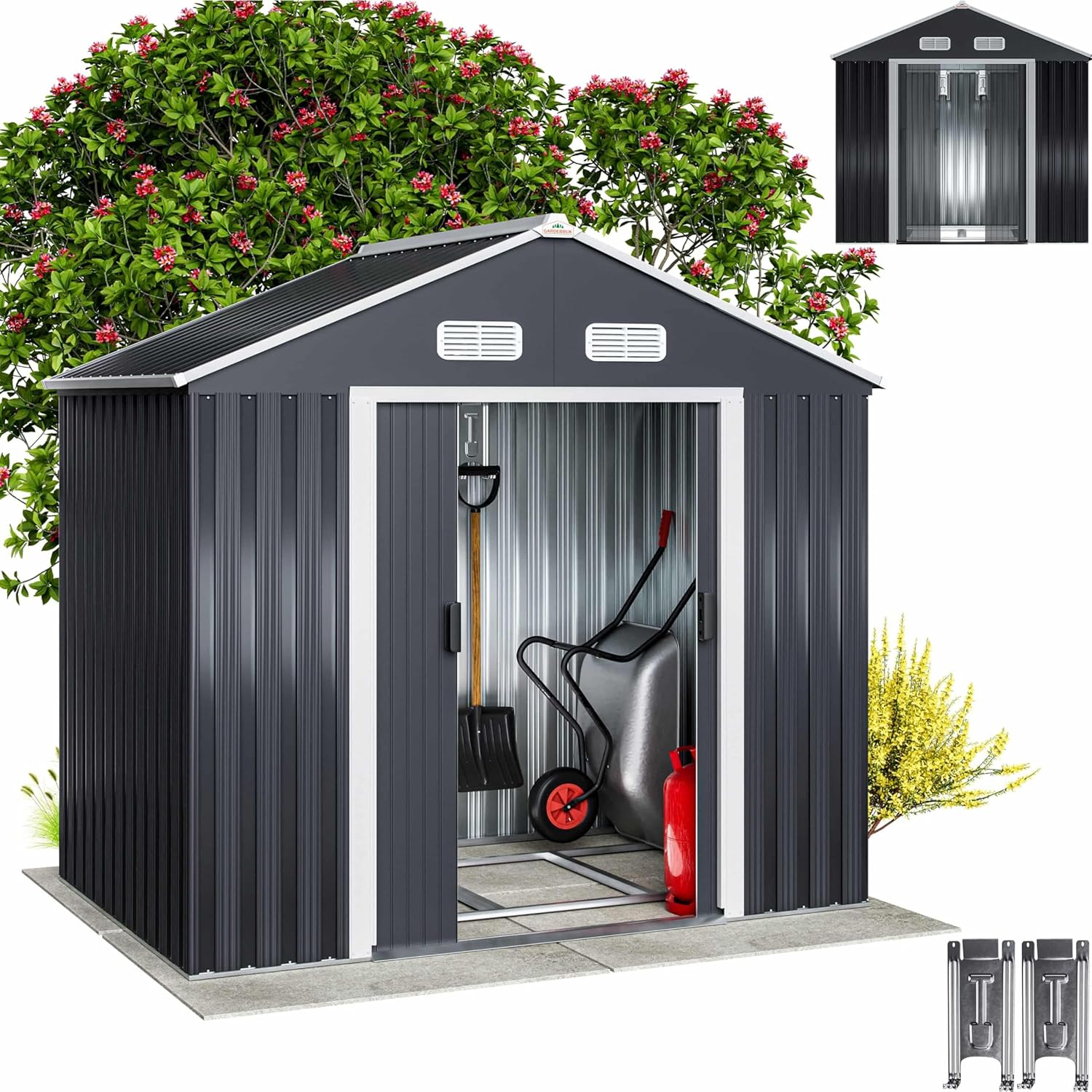 GARDEBRUK® Cobertizo de Jardín 2 m² 196x132x188cm Caseta Metálica Exterior 4m³ con Base Puerta Corrediza Antracita