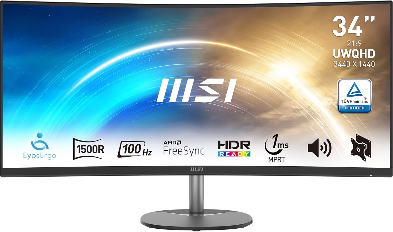 MSI Pro MP341CQ 34" UWQHD zakrzywiony ekran biurowy - Panel VA 1500R, 3440x1440, 100Hz, komfort oczu, sRGB 116%, HDR Ready, wbudowane głośniki, regulowane nachylenie - HDMI, DisplayPort