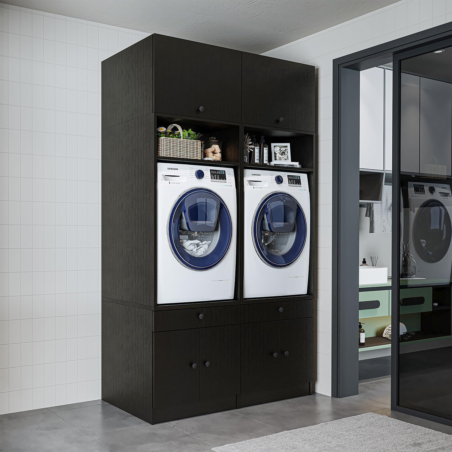 • Armario para lavadora con placa extraíble • Ahorro de espacio • Práctico • Ideal para lavadero (roble negro, 2 x armarios + 2 x accesorios (230 cm de alto)