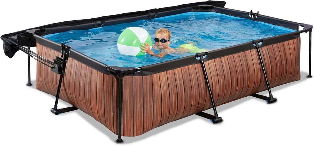 EXIT Toys Wood Pool con Toldo Solar - 300x200x65cm - Piscina de Marco Rectangular Compacta con Bomba de Filtro de Cartucho - Protección UV Óptima - Fácil Acceso - Diseño Único - Marrón