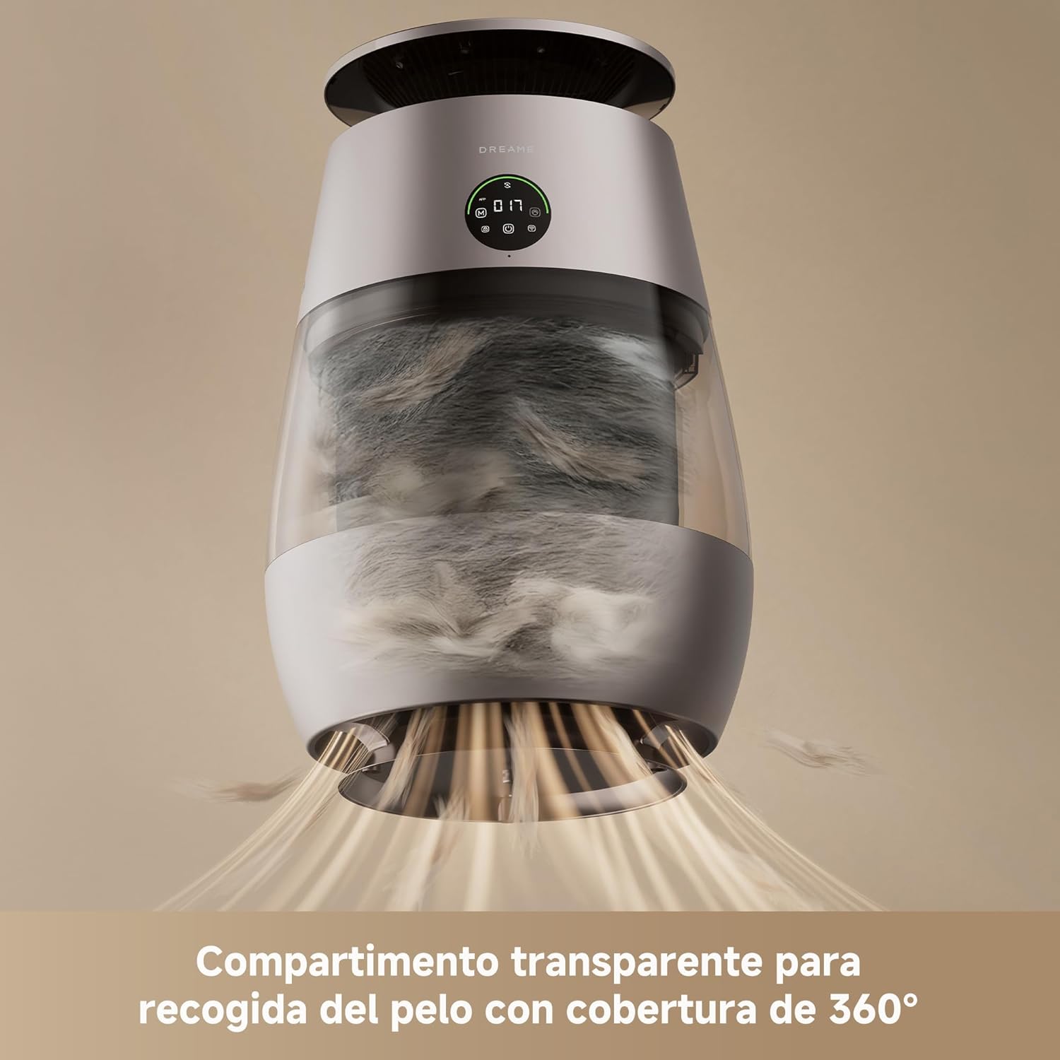 DREAME AP10 Purificador de Aire Para Hogares Con Mascotas, Sistema 360° Alta Presión Negativa, Purificación 5 Etapas Que Captura Pelo y Olores, Transparente, Tapa Curva, Luz Eco, Control Con App