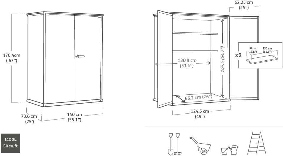 Keter High Store Plus- Cobertizo de jardín Exterior, 1400L, Color Gris, tecnología Duotech Paredes aptas para Pintar, 170.4 x 140 x 73.6 cm