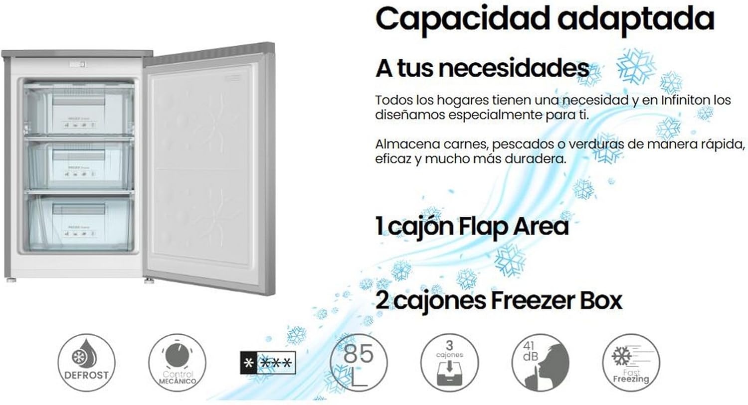 INFINITON CV-A85I - Congelador vertical, 80 Litros, 85 cm, 3 cajones, Control de temperatura, Puerta reversible, Regulación en Altura, E, Inox