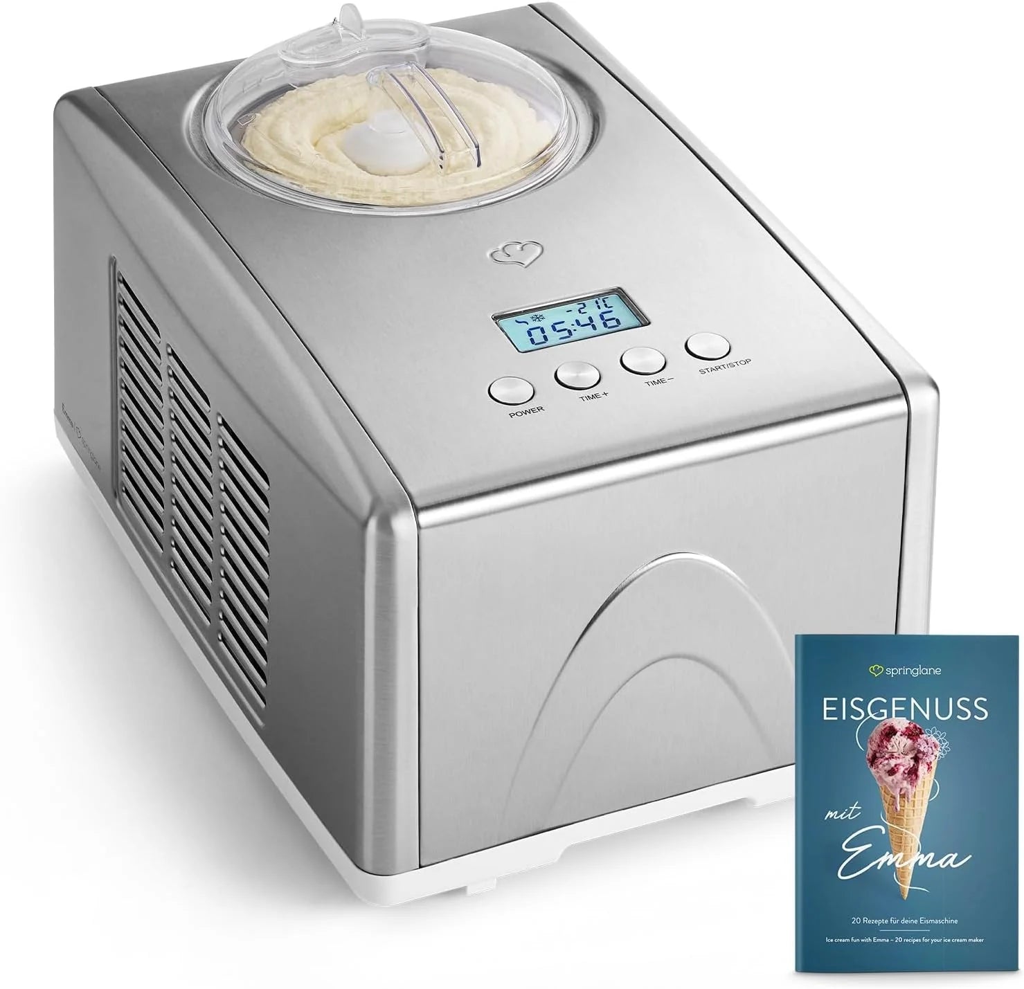 SPRINGLANE Homemade Ice Cream Maker EMMA, Ice Cream Maker, Fridge with Compressor 1.5L, Removable Container and LCD Display + Recipe Book