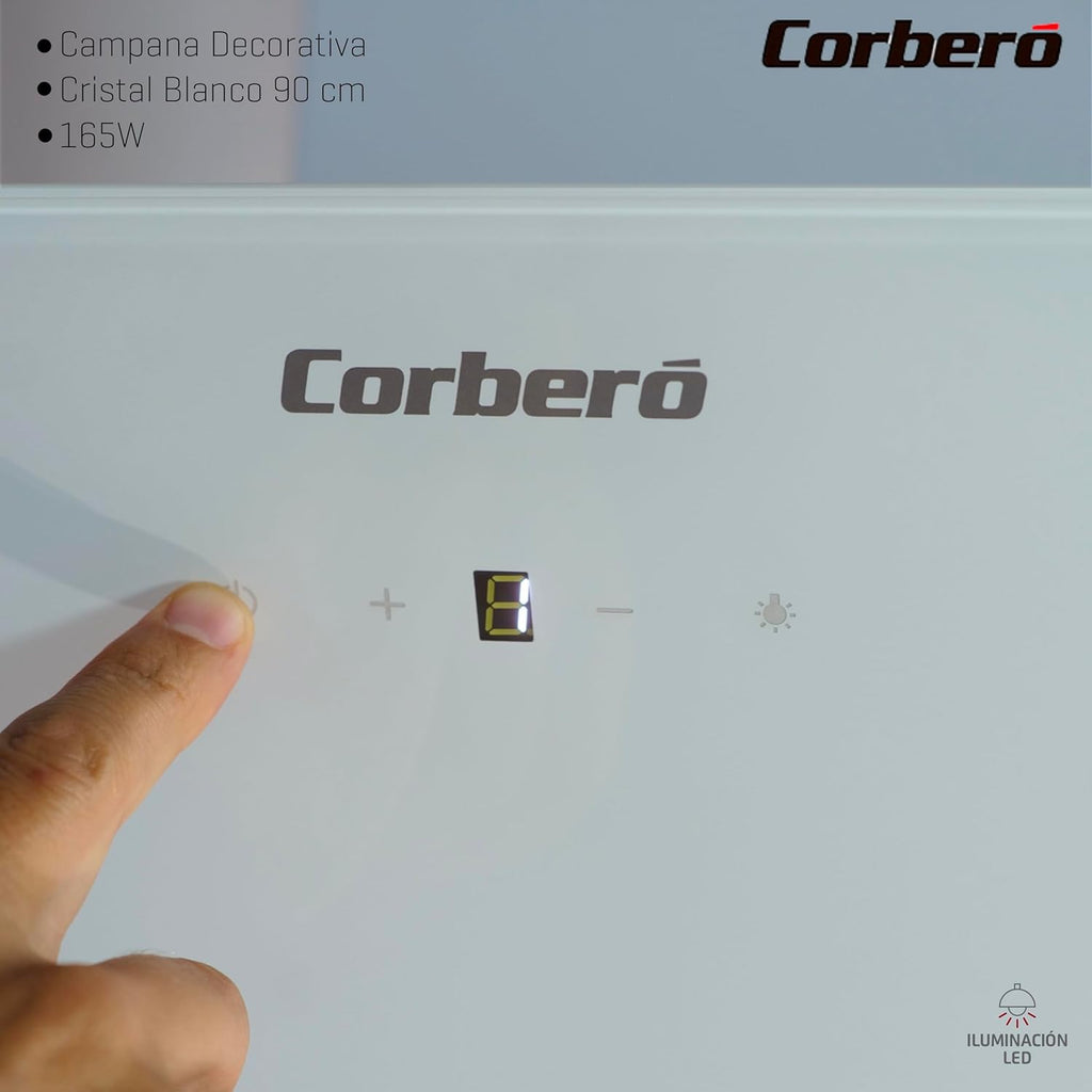 Corberó - Campana Extractora 90 cm | VICTORIA960W | 594,2 m3/h| 67db| 165W, |3 Velocidades, | Control Touch |Vidrio Templado | Filtro de Aluminio + Filtro Carbón | Cristal Blanco
