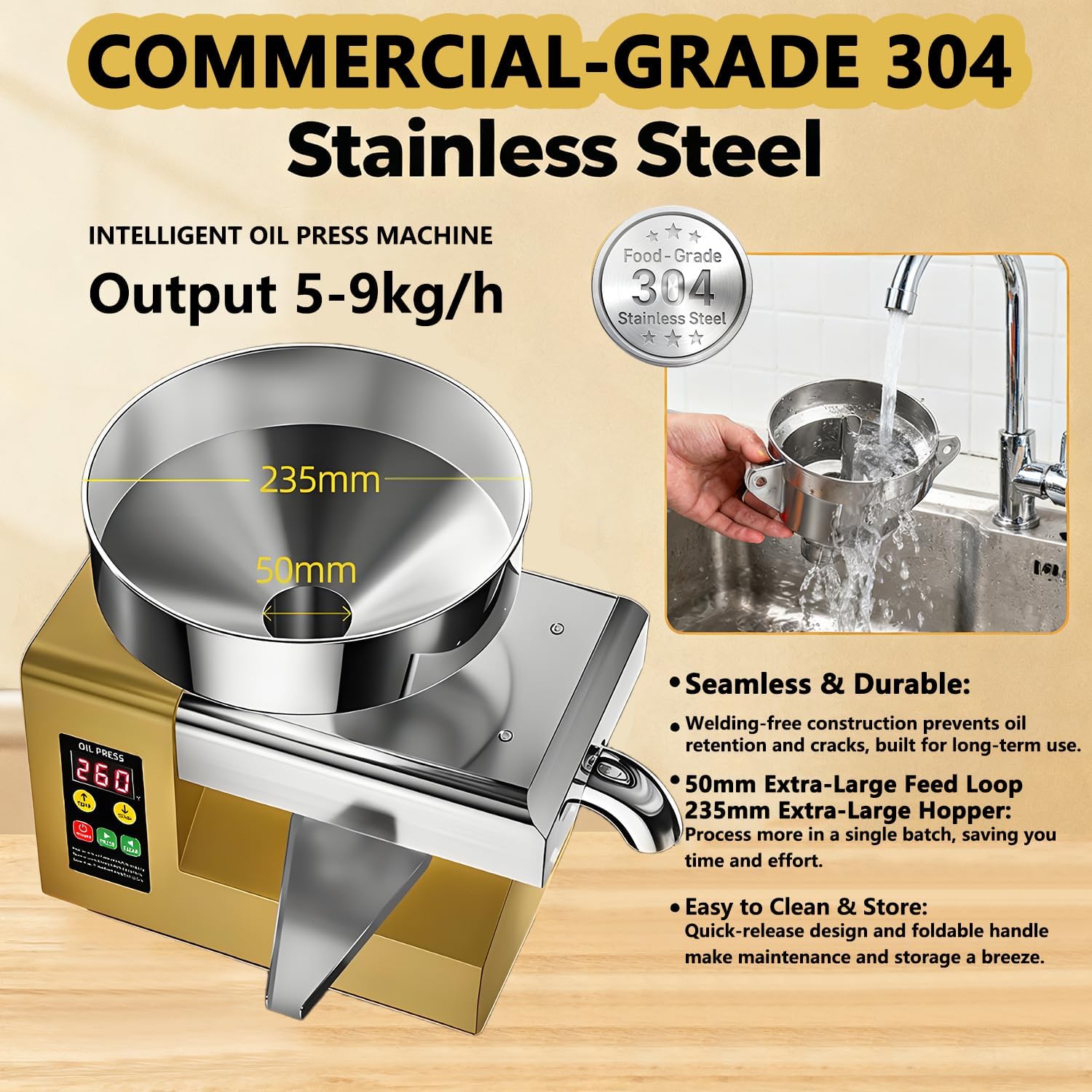Prensa de Aceite Eléctrica Automática 1500W | Extractor de Aceite de Acero Inoxidable a Frío y Calor | Para Huesos de aceituna,Nueces,Sésamo,Coco,Soja,Almendra|Control de Temperatura Inteligente