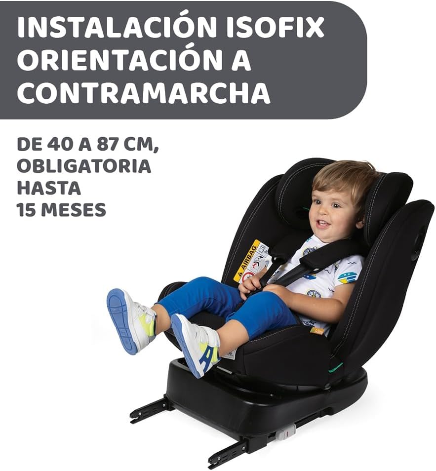 Chicco Unico EVO I'Size Classic, Silla de Coche ISOFIX para Bebés y Niños de 40 a 150 cm, Grupo 0123 Desde Recién Nacido hasta 12 Años, Giratoria 360º, Reductor, Ajustable y Protección Lateral, Negra