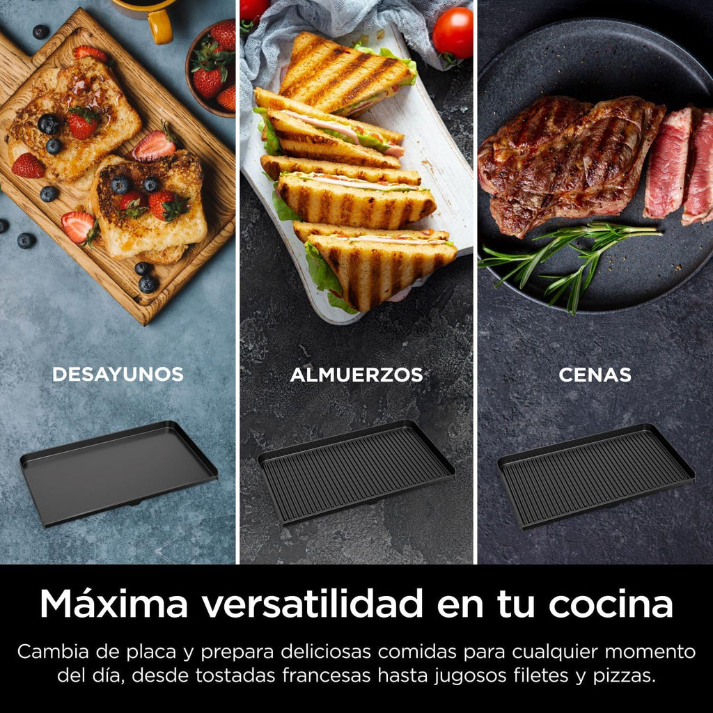 Ninja Sizzle Pro XL Indoor Grill and Griddle with Non-Stick Ceramic Griddle Plate and Griddle, Detachable Lid, Grease Catcher and Recipe Guide, Silver/Black GX101EU