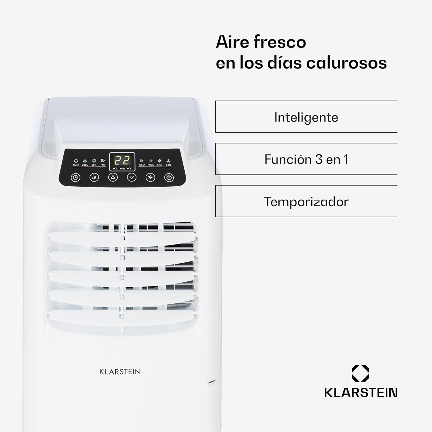 Klarstein Aire Acondicionado Portatil y Silencioso, 4 en 1 Enfriador de Aire para Casas y Oficinas con Modo Noche, Con Mando y Deshumidificador, Aires Acondicionados Bajo Consumo 7,000 BTU Blanco