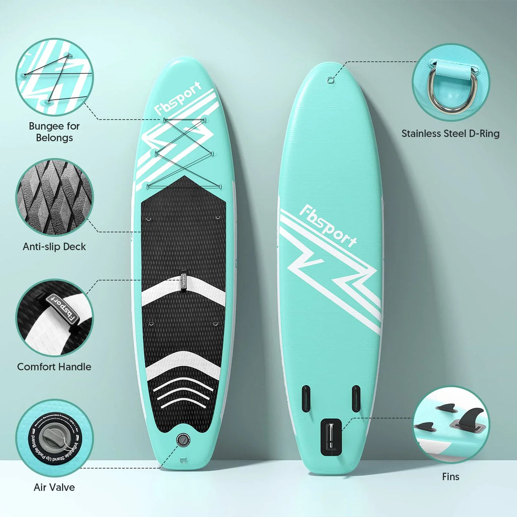 2026 FBSPORT Tabla de Paddle Surf Inflable, Grosor 15 cm, Kit Completo con Remo de Aluminio Ajustable y Bomba (Verde)