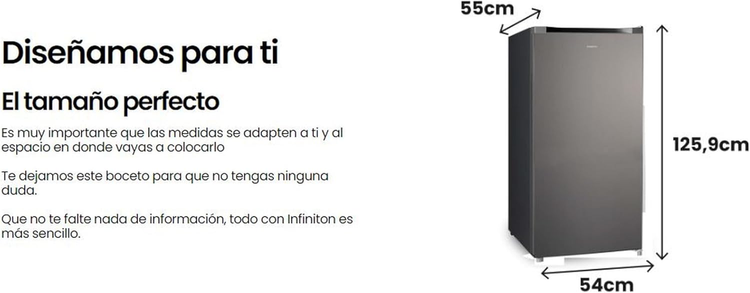 INFINITON Congelador Vertical CV-140L25XEQ, 145 Litros, E, Función Fast Freezing, Congelador 4****, cajón Flap, Tirador integrado, Puerta reversible, Inox