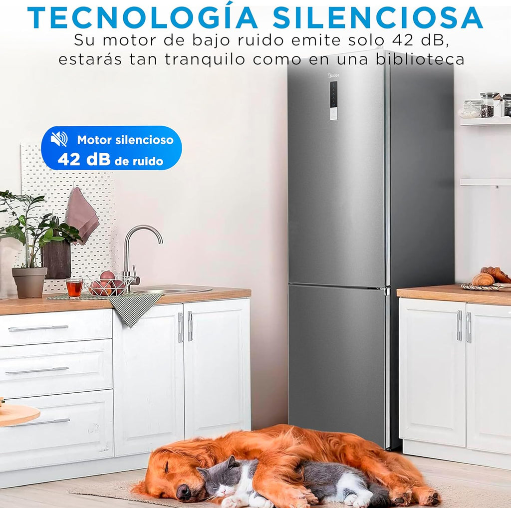 Midea Frigorífico Combi No Frost | 60 cm ancho x 188 alto cm | Inox | Nevera libre instalación 224 L + 86 L Congelador - Refrigerador de bajo consumo con congelador vertical