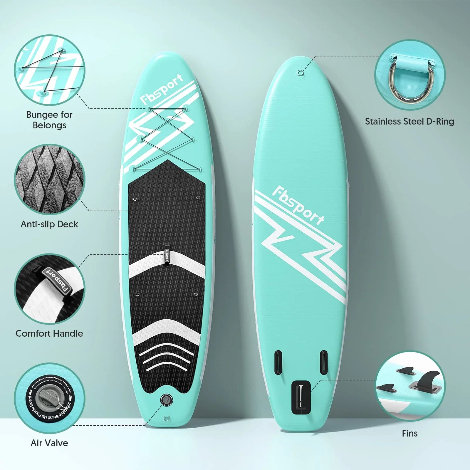 2026 FBSPORT Tabla de Paddle Surf Inflable, Grosor 15 cm, Kit Completo con Remo de Aluminio Ajustable y Bomba (Verde)
