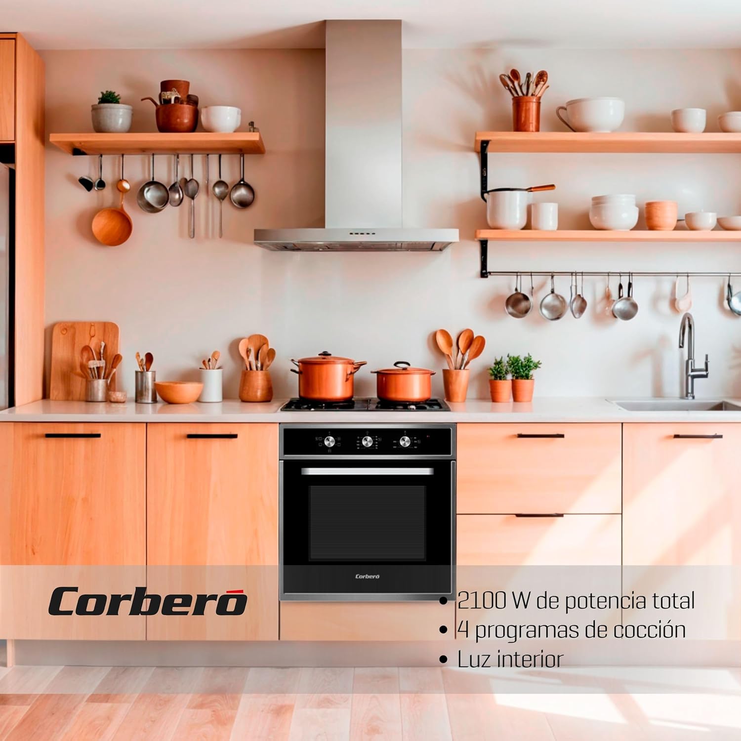 Corberó - Horno convección 70L | CCHM603X | 60x60x58 cm |Convencional con 4 Programas | Luz Interior | Limpieza Hidrólisis | Puerta Doble Cristal | 2100W | Negro perfil Inox