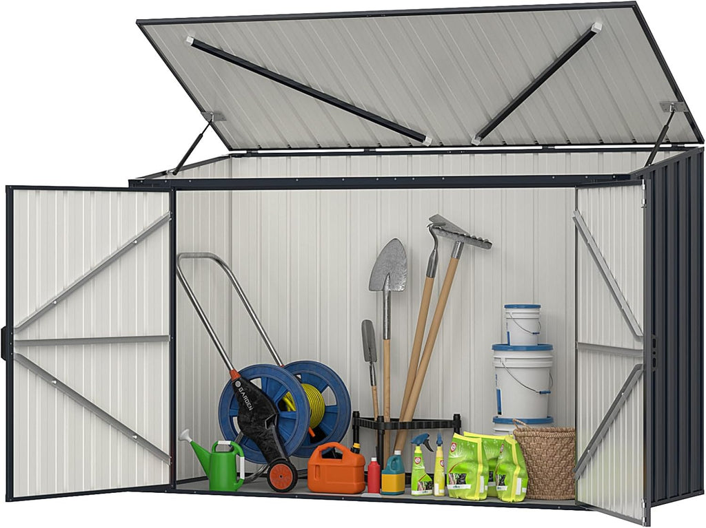 GOPLUS 1,9 m³ Caseta de Jardín de Acero Galvanizado, 193 x 86 x 127 cm, Cobertizo Exterior con Doble Puerta con Cerraduras, Palanca Hidráulica, Casa para Herramientas, Bicicletas, Cubos de Basura