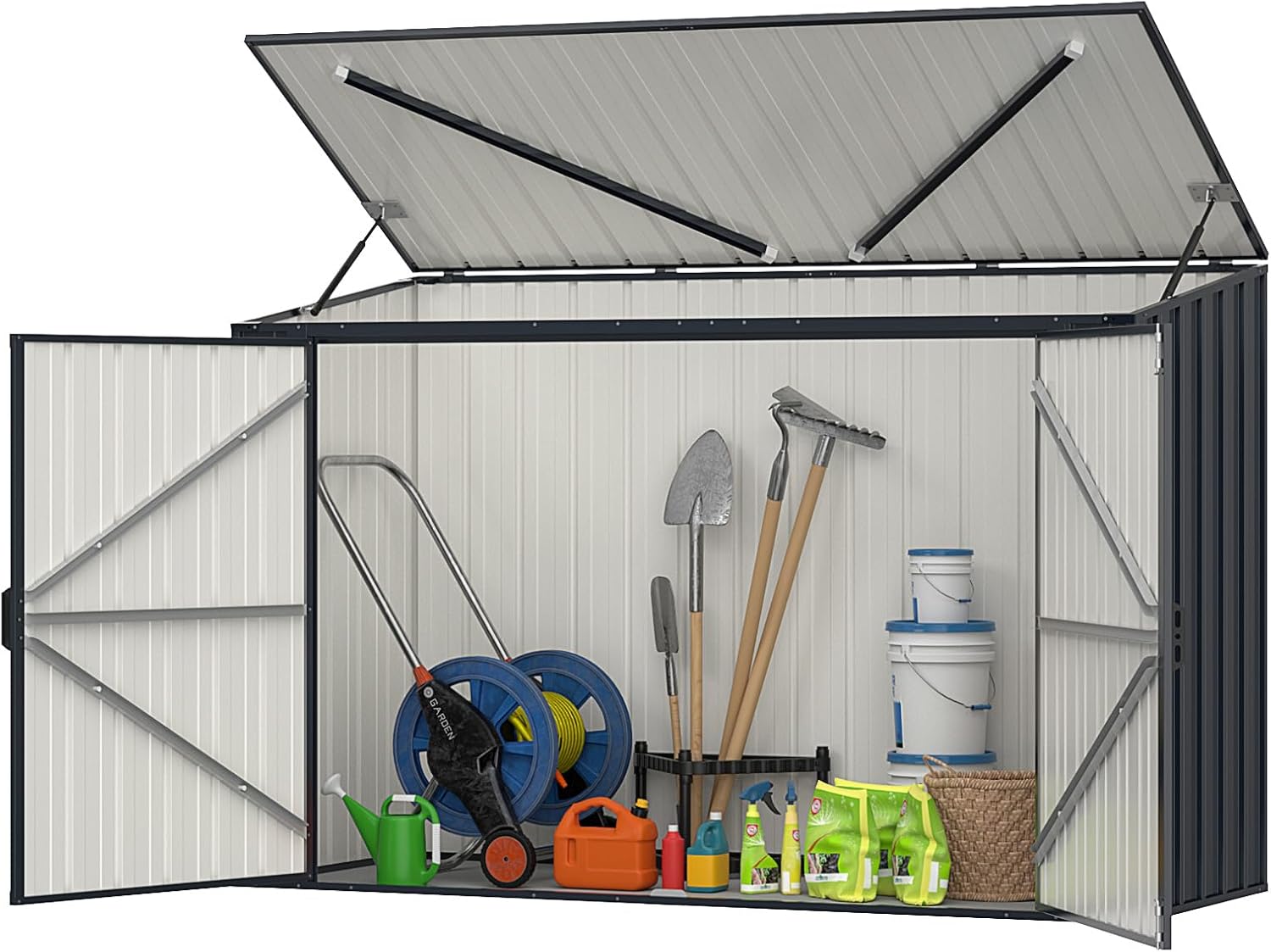 GOPLUS 1,9 m³ Caseta de Jardín de Acero Galvanizado, 193 x 86 x 127 cm, Cobertizo Exterior con Doble Puerta con Cerraduras, Palanca Hidráulica, Casa para Herramientas, Bicicletas, Cubos de Basura