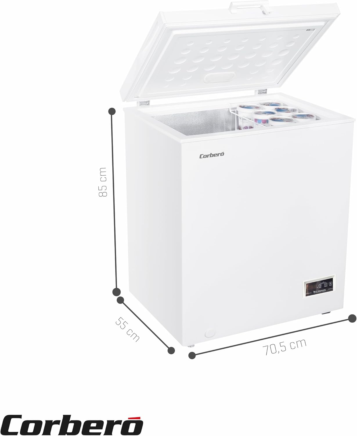 Corbero - Congelador Arcón 142L | CCHH15024E | Control Electrónico con Display | Luz LED | Tirador | 1 Cesta Interior | 2 Ruedas | 2 Patas Ajustables | 40 Db | Eficiencia Energética E | Blanco