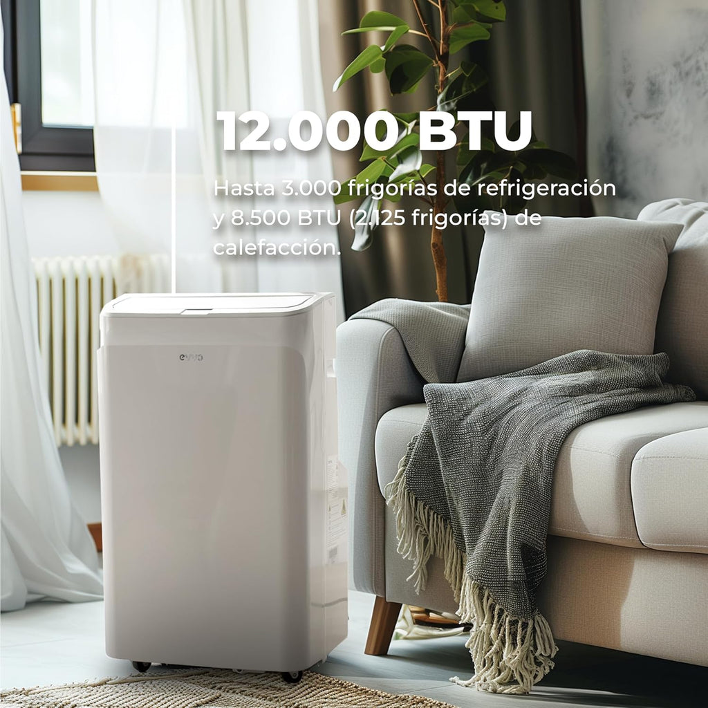EVVO Aire Acondicionado Portatil Frío y Calor, Clase A, 12.000 BTU, Control Remoto y Temporizador 24h, 4 en 1, Deshumidificador, Ventilación, Hasta 26 m2. (Modelo: CLIMA P12 Frio y Calor)