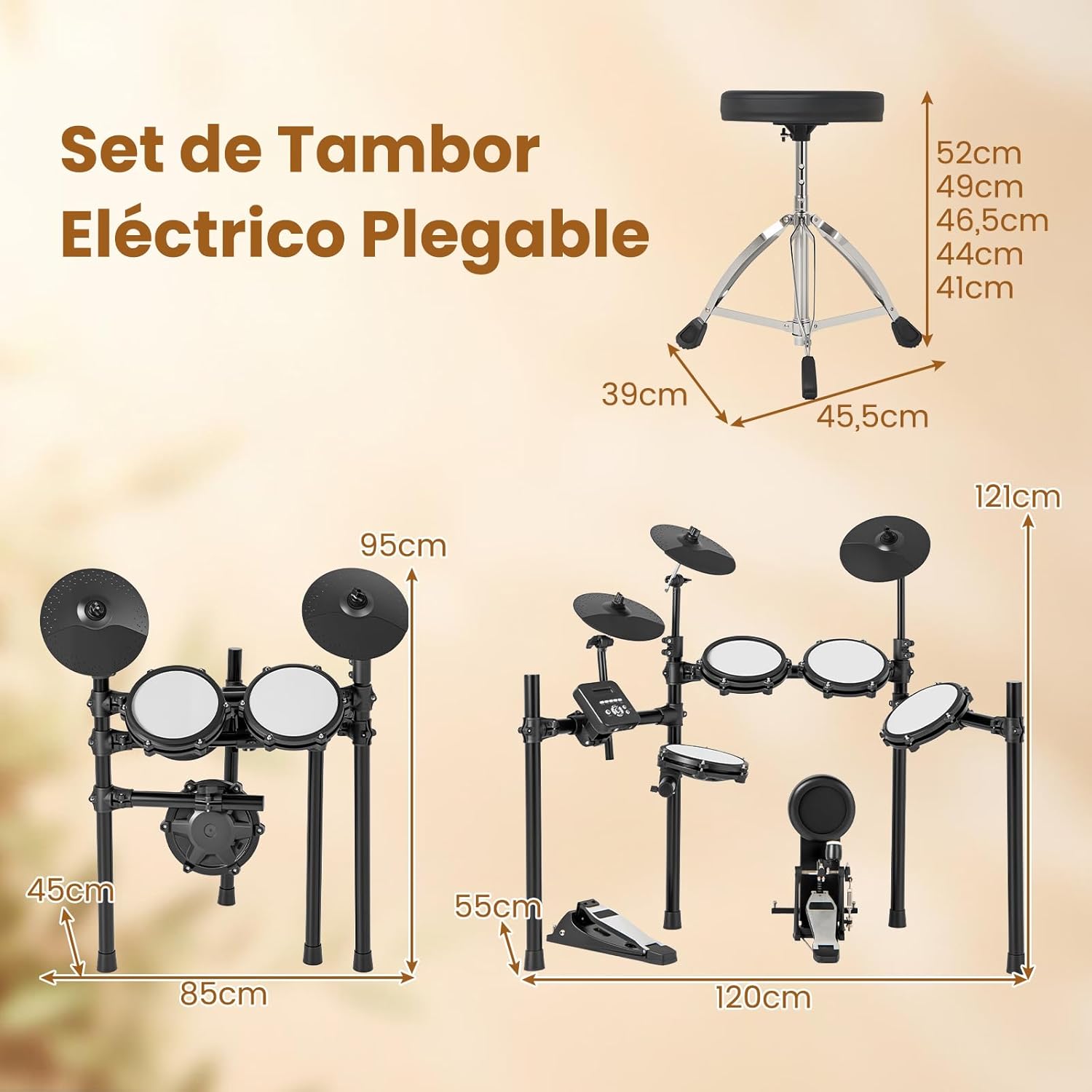 COSTWAY Batería Eléctrica, Kit de Batería Plegable con Pads de Malla Silenciosos, Platillo, 225 Sonidos y 30 Demos, Metrónomo y USB Midi, Bombo, 2 Baquetas, Taburete Ajustable, para Adultos y Niños