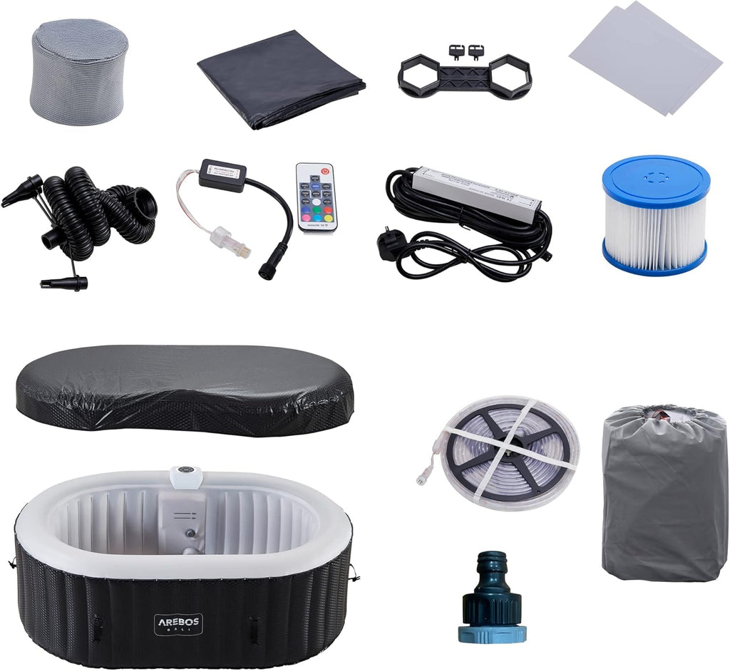 Arebos Bañera de hidromasaje con iluminación LED | SPA Hinchable | Interior y Exterior | 190x120 cm Ovalada | 2 Personas | 90 chorros de Masaje | con calefacción | 550 litros | Incl. Cubierta