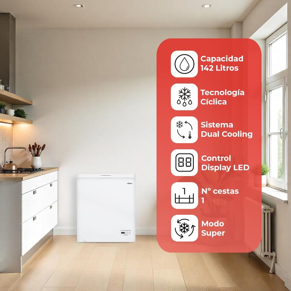 Nilson Congelador Horizontal Blanco NCH1500EDC. Capacidad 142 Litros, Dual Cooling, 4 Star, Modo Super Congelación, Tecnología Cíclica, Puerta Abatible, 1 Cesta, Bajo nivel Sonoro