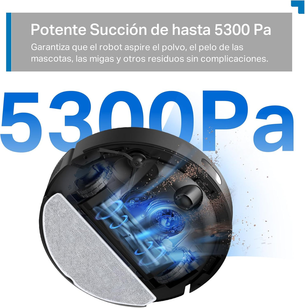 Tapo RV30 MAX Plus Robot Aspiradora, Potencia de succión Ultra de 5300 Pa con fregado, Base de Autovaciado automático de 3 l, navegación LiDAR+IMU Avanzada, Control por Voz y aplicación,Negro