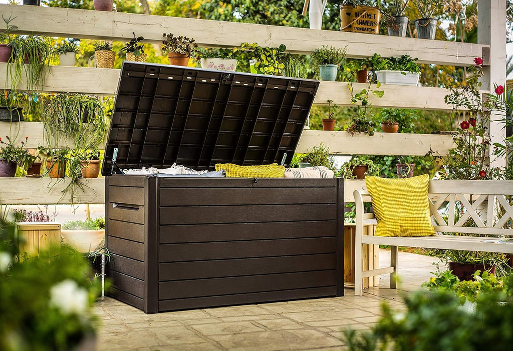 Keter Ontario - Arcón exterior, Baúl almacenaje, Capacidad 870L, Resina, Color Marrón, Ordenación jardín y terraza, 147 x 83 x 86 cm