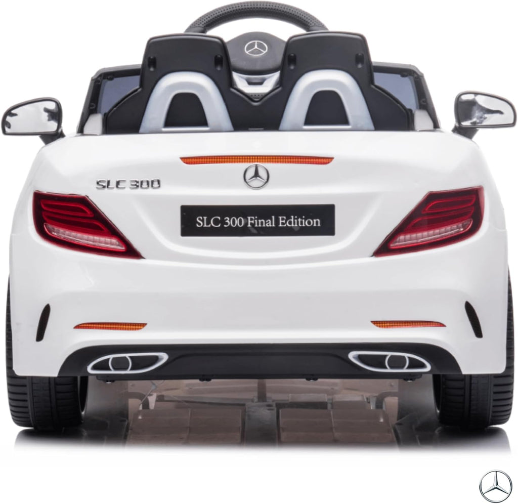 DEVESSPORT Coche Eléctrico Infantil Mercedes SLC 300 12V | con Mando, Faros LED, Música, USB y Apertura de Puertas – para Niños de 3 a 6 Años (Blanco)