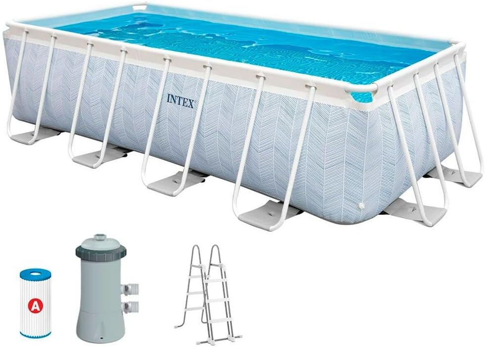 Intex Piscina Desmontable Rectangular Chevron Prism Frame Premium, Medidas 400x200x100cm, Capacidad 6.836 litros, Material Resistente Triple Capa, Incluye: depuradora y Escalera (55259)