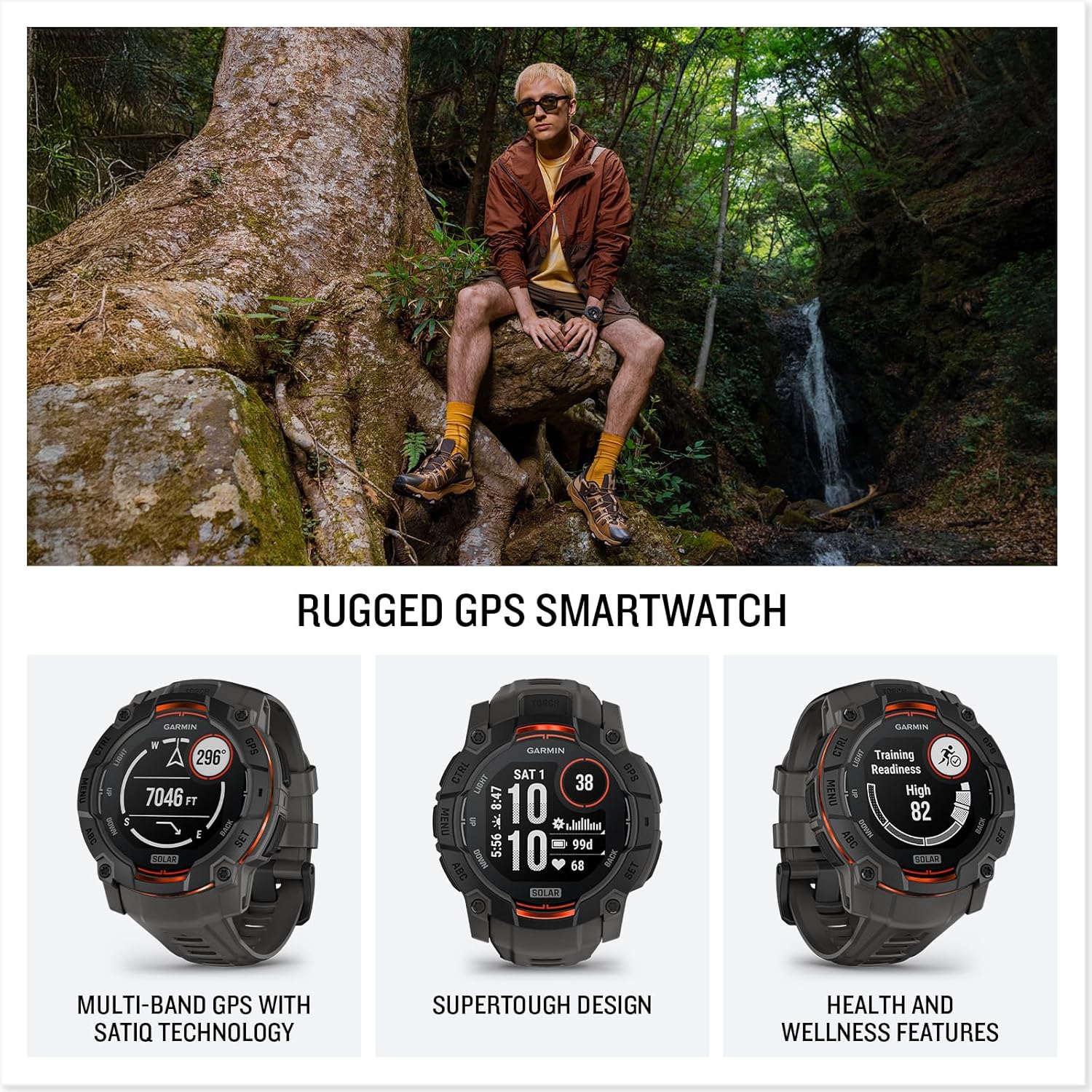 Garmin Instinct 3 GPS 50mm Smartwatch, Solar, Black Bezel