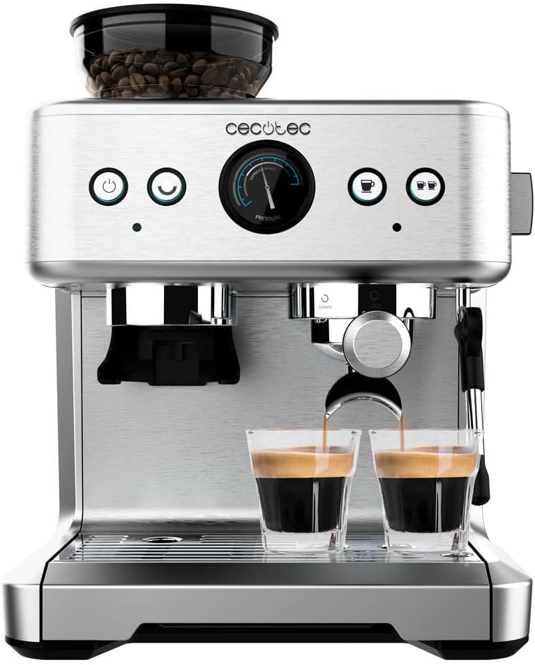 Cecotec Cafetera Express Barista Power Espresso 20 Barista. 2250W, 20 Bares, Manometro y 2 Thermoblocks, Depósito de Café en Grano, Molinillo con 20 Niveles, Vaporizador