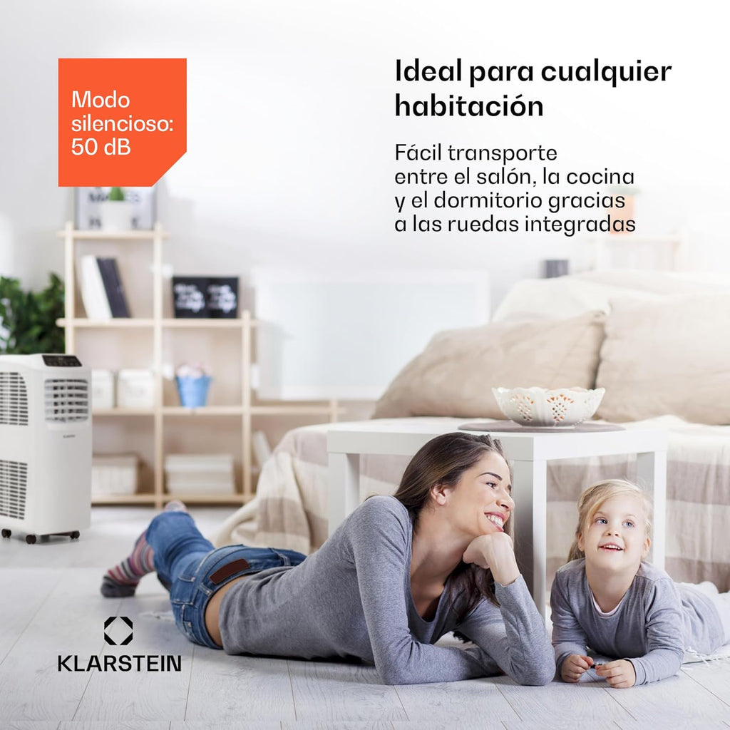 Klarstein Aire Acondicionado Portatil y Silencioso, 4 en 1 Enfriador de Aire para Casas y Oficinas con Modo Noche, Con Mando y Deshumidificador, Aires Acondicionados Bajo Consumo 7,000 BTU Blanco