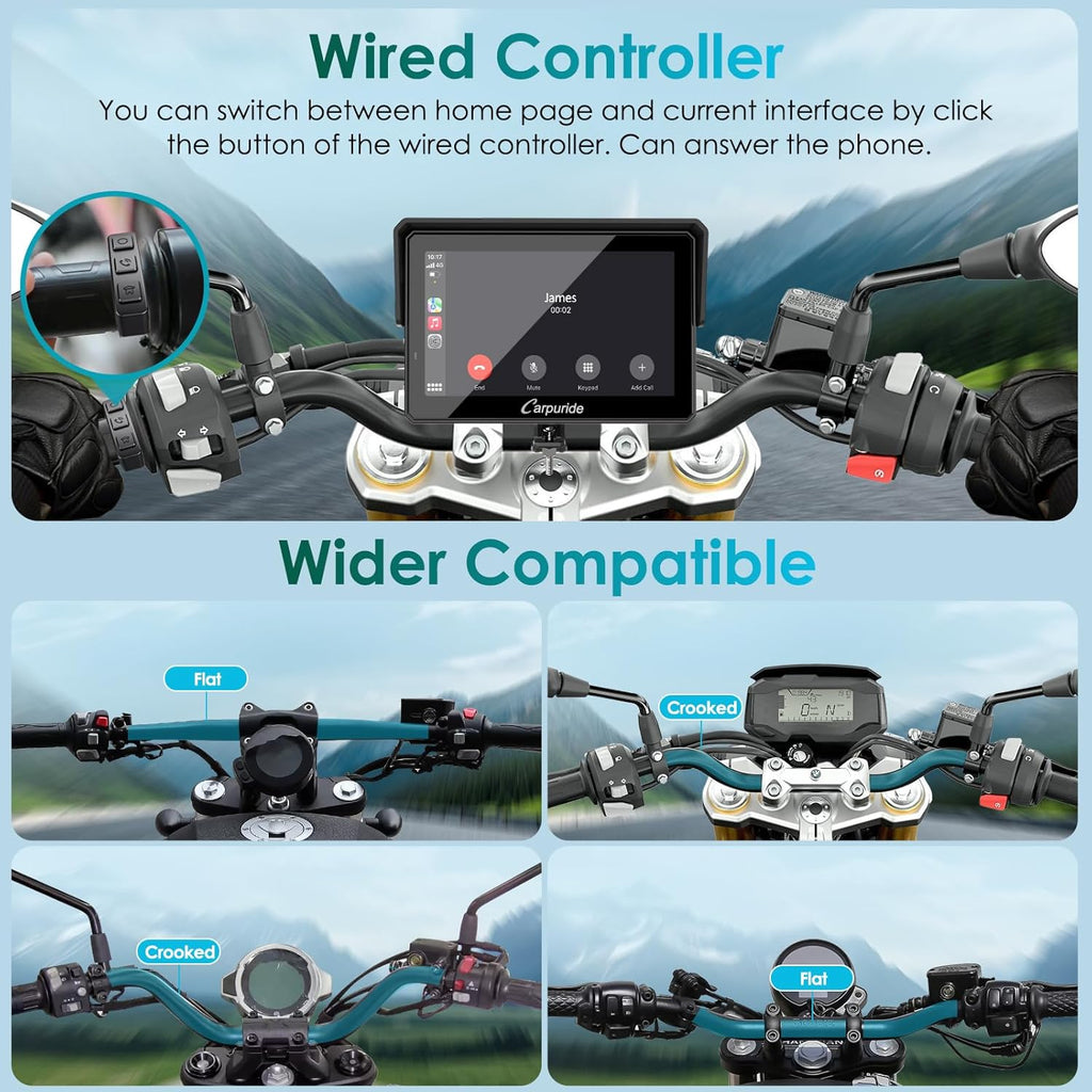 Carpuride W502S Pro - GPS inalámbrico para Motocicleta, Carplay/Android Auto, Pantalla táctil Impermeable de 5", con Soporte BM05, Bluetooth Trans, Mando a Distancia con Cable y navegación