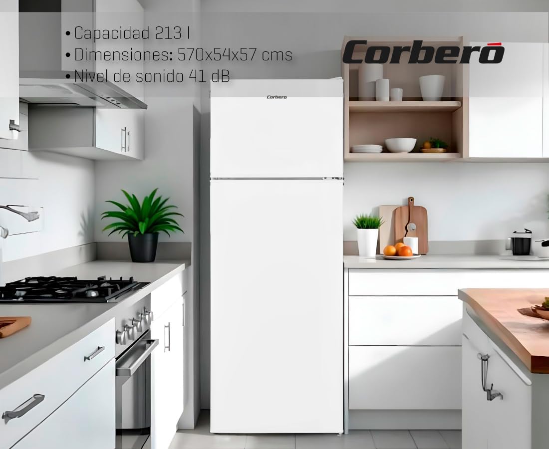 Corberó - Frigorífico 2 Puertas | CF2PV21324W | 57x54x145 | Capacidad 212L | Luz Interior, Crisper, Balcones Ajustables, Descongelación Manual, Estantes de Cristal, Huevera, Cubiteras | Blanco